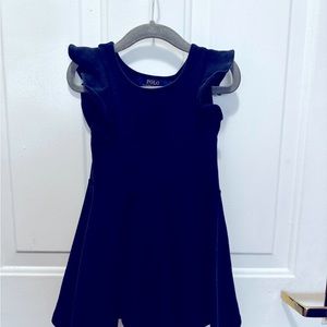 Dark blue dress, Polo Ralph Lauren. Flare A-line with ruffled shoulders detail.